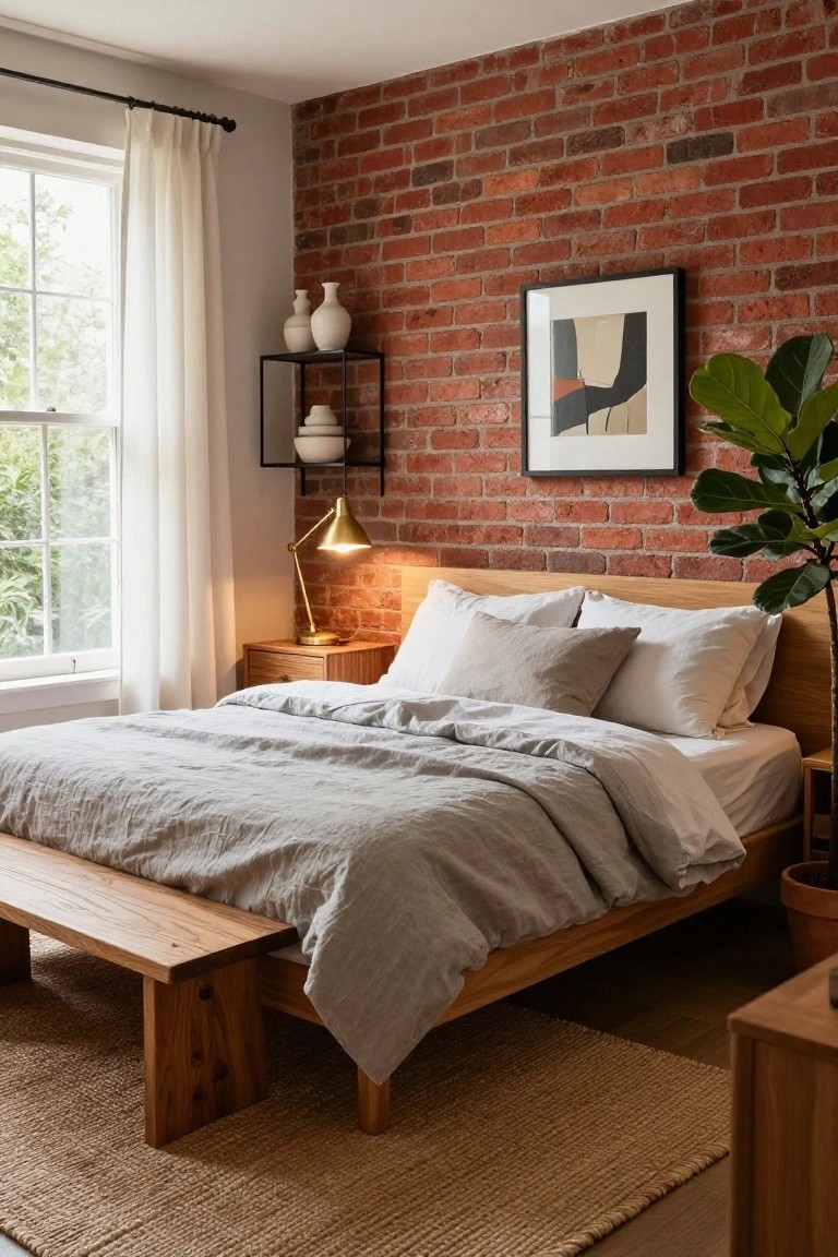 Bedroom interior with exposed red brick wall, wooden platform bed draped in gray linen bedding, foot bench, bedside table with arched lamp, black metal shelves holding white ceramics, abstract wall art, large potted fiddle leaf fig plant, sheer curtains on window, and seagrass rug on wood floor.