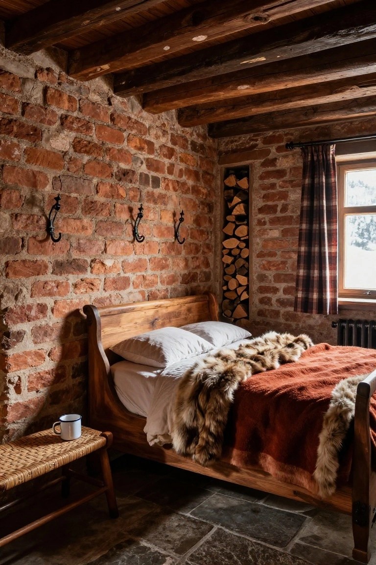 Exposed brick bedroom with wooden sleigh bed draped in fur throw and orange blanket, vertical firewood stack against brick wall, plaid curtain on window, wooden beams on ceiling, and woven bench with enamel mug.