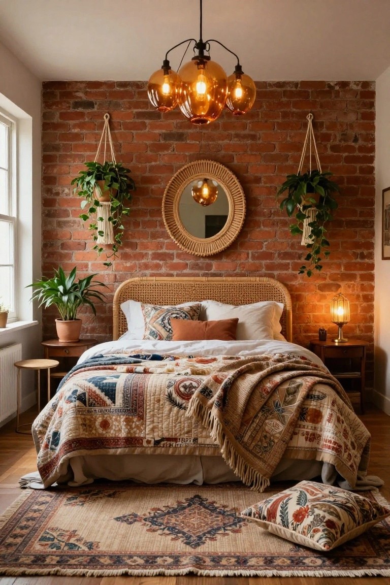 Cozy bedroom with exposed red brick accent wall, hanging potted plants on ropes, rattan headboard bed covered in colorful quilted blanket, woven round mirror, amber pendant lights, table lamps, and potted plants on side tables and floor.