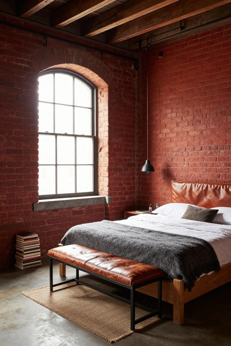 Bedroom with red exposed brick walls, arched black-framed window letting in light, wooden bed frame with white sheets gray throw and tan leather pillows, tan leather bench on black metal frame at bed foot, side table with books and pendant light hanging from ceiling.