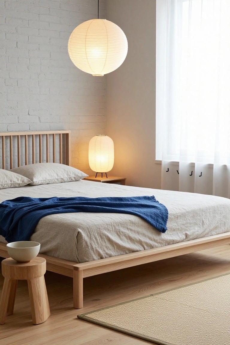 A bedroom with a white exposed brick wall, wooden platform bed dressed in white linen sheets and a blue throw blanket, two paper lanterns for lighting, a wooden stool holding a white bowl, and a seagrass rug on oak flooring.