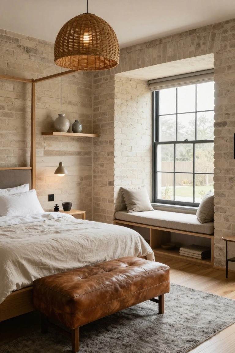 Bedroom with light exposed brick walls, wooden canopy bed frame, built-in window seat with cushions, floating shelves with ceramics, leather bench, rattan pendant light, and oak flooring.