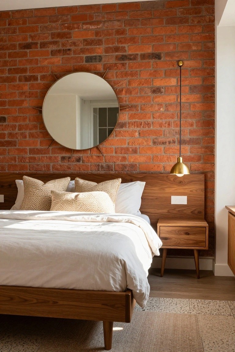 Bedroom interior with red exposed brick wall behind a low wooden platform bed dressed in white linens and textured pillows, large round brass mirror mounted on the wall, gold pendant light, wooden nightstand, and seagrass rug on wood floor.
