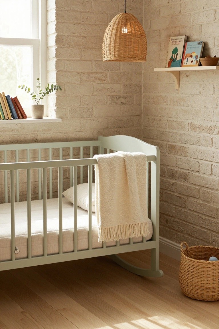 Nursery room with light beige exposed brick walls, pale green wooden rocking crib draped in cream blanket and pillow, books on floating shelf by window with potted eucalyptus, rattan pendant light, woven basket with ball on wooden floor.