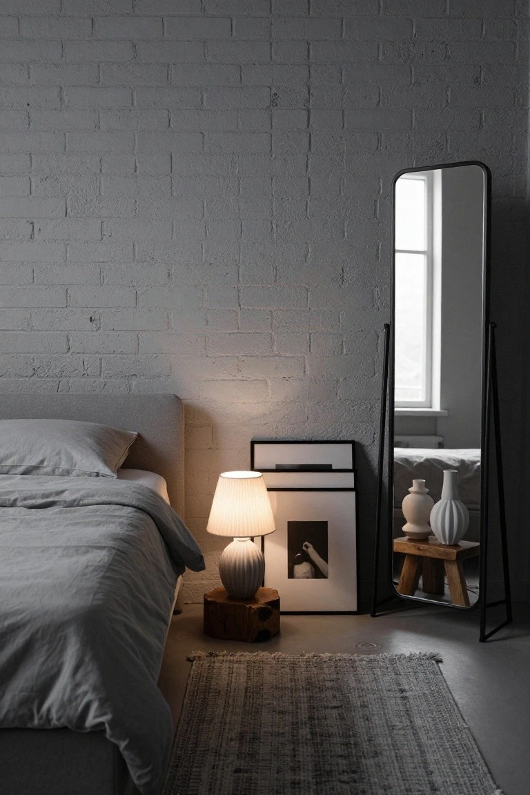 Bedroom with exposed gray brick walls, gray linen bed, white ceramic lamp on wooden stool base, black-framed art, full-length black mirror stand with vases and stool reflection, and woven rug on concrete floor.
