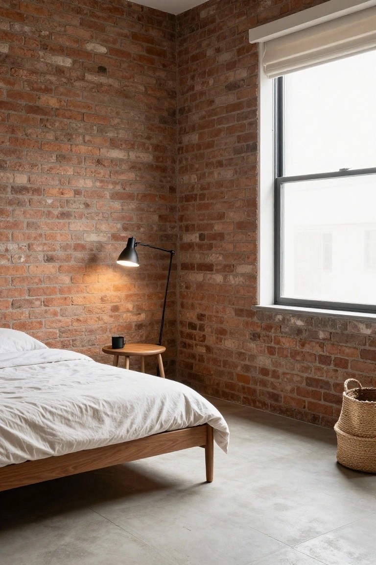 A bedroom corner with exposed red brick walls, wooden low-profile bed with white linens, wooden side table holding a black arc lamp and coffee mug, two wicker baskets on polished concrete floor, and a large window with roller blind.