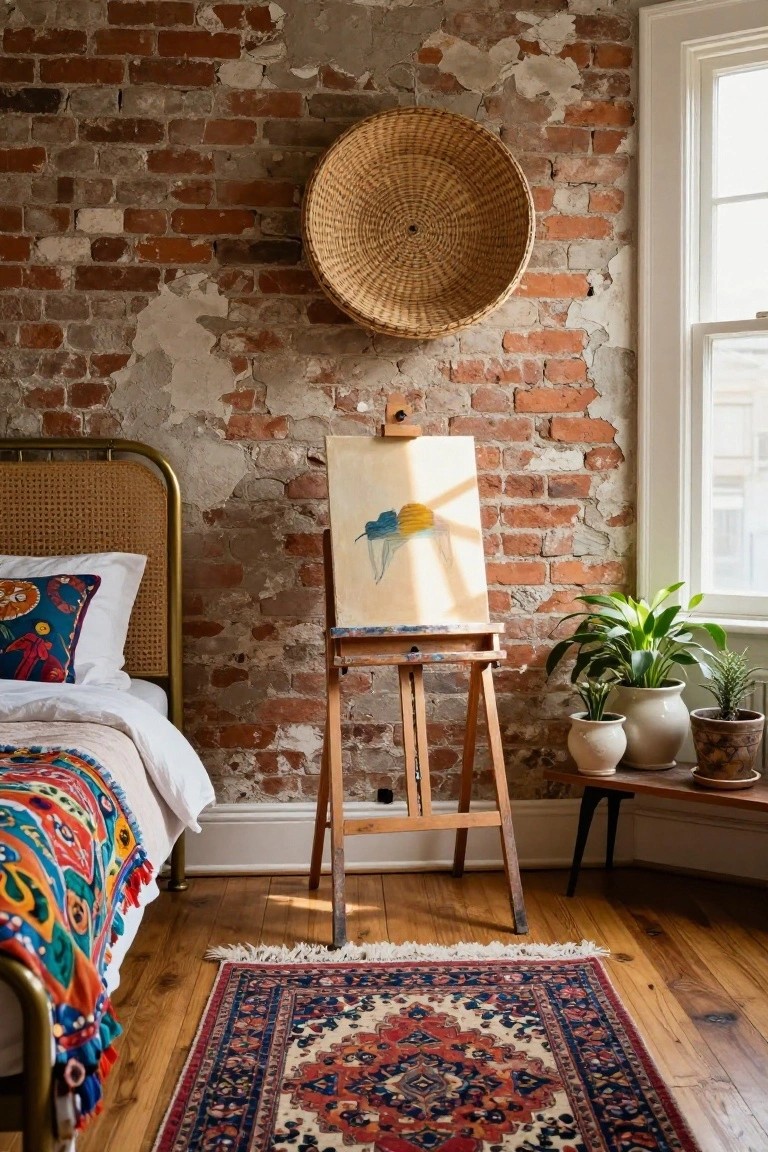 Bedroom corner with weathered exposed brick wall, rattan bed frame with white sheets and multicolored quilt, wooden easel holding abstract painting canvas, potted plants on side table, large woven basket on wall, and red Persian rug on wood floor.