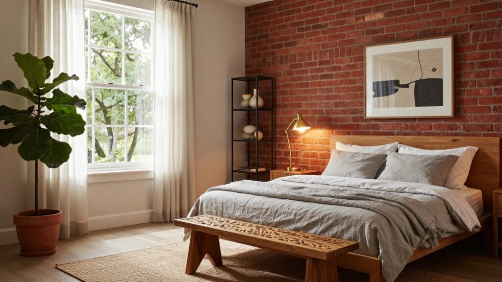 19 Cozy Exposed Brick Bedroom Ideas That Add Texture Bedroom interior with exposed red brick wall, wooden platform bed draped in gray linen bedding, foot bench, bedside table with arched lamp, black metal shelves holding white ceramics, abstract wall art, large potted fiddle leaf fig plant, sheer curtains on window, and seagrass rug on wood floor.