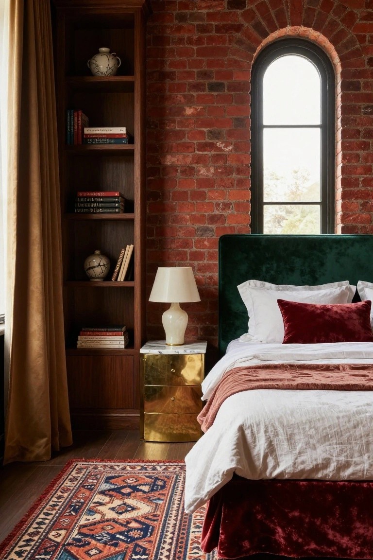 Bedroom interior with red exposed brick walls, emerald green velvet upholstered headboard, white sheets and pillows topped with terracotta throw on bed, gold nightstand with white lamp, wooden bookshelf with ceramics and books, arched black-framed window, and patterned rug on wood floor.