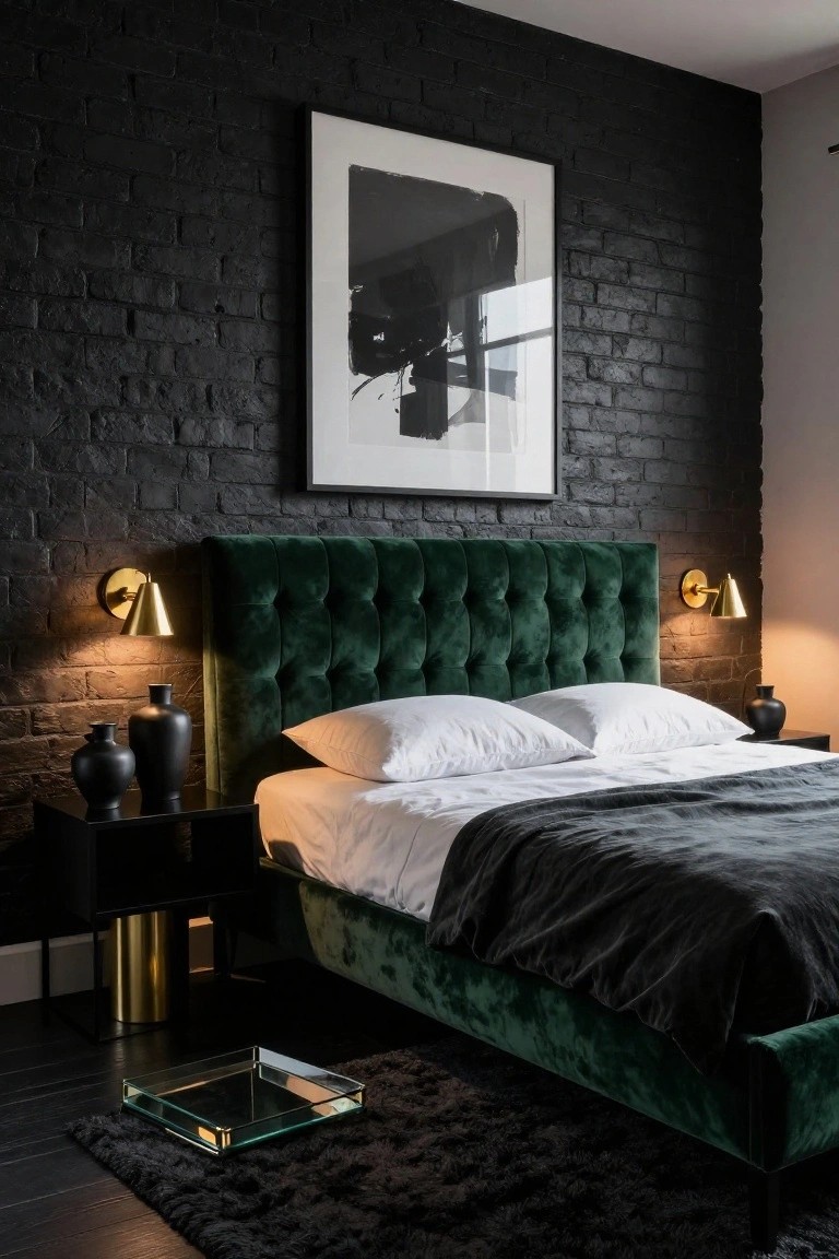 Bedroom with dark exposed brick walls, emerald green tufted velvet upholstered headboard and bed frame, white sheets and pillows under black throw, black nightstands holding black vases, gold sconces on walls, glass tray on floor, and black fluffy rug on dark wood flooring.