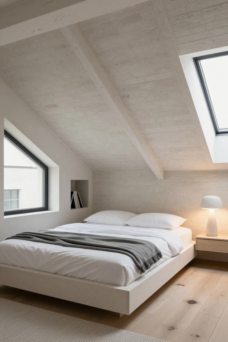 Attic bedroom with whitewashed exposed brick walls, timber beam ceiling, skylights, platform bed with white bedding and gray throw, white lamp on wooden nightstand, and light oak flooring.