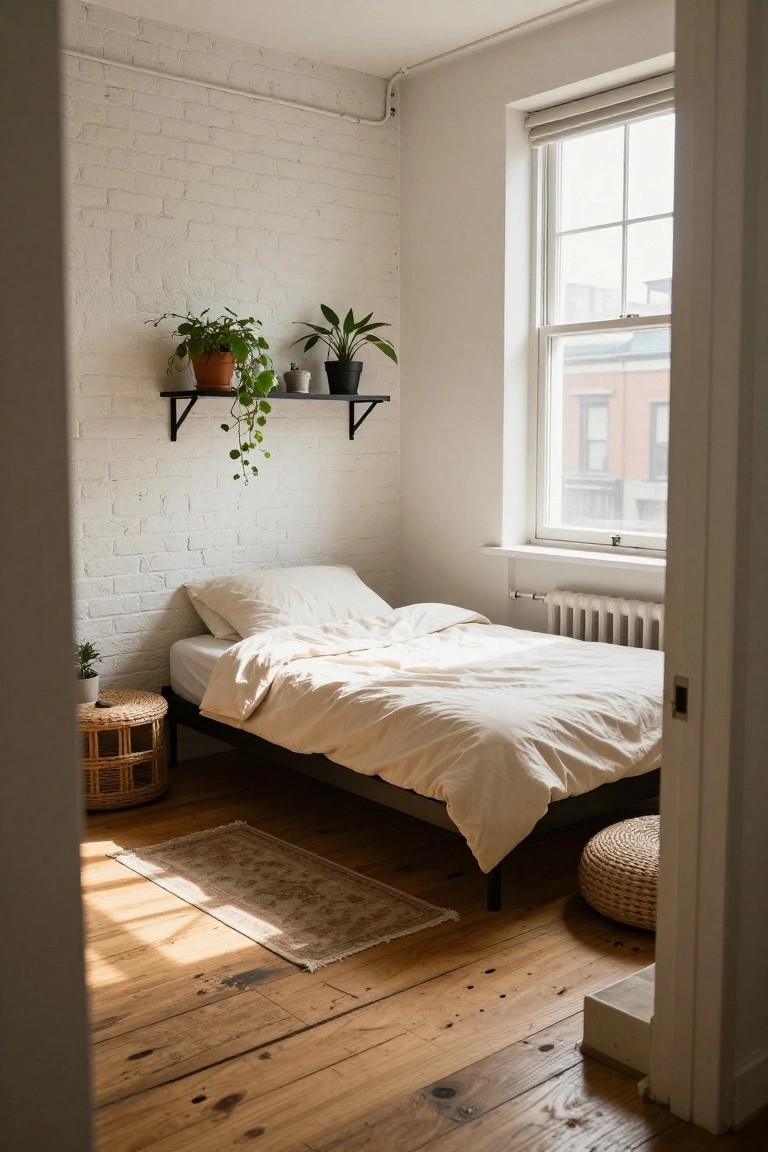 Small bedroom with whitewashed exposed brick wall, metal frame bed with white linens, potted plants on black floating shelves, rattan furniture, and large window letting in sunlight over hardwood floors.