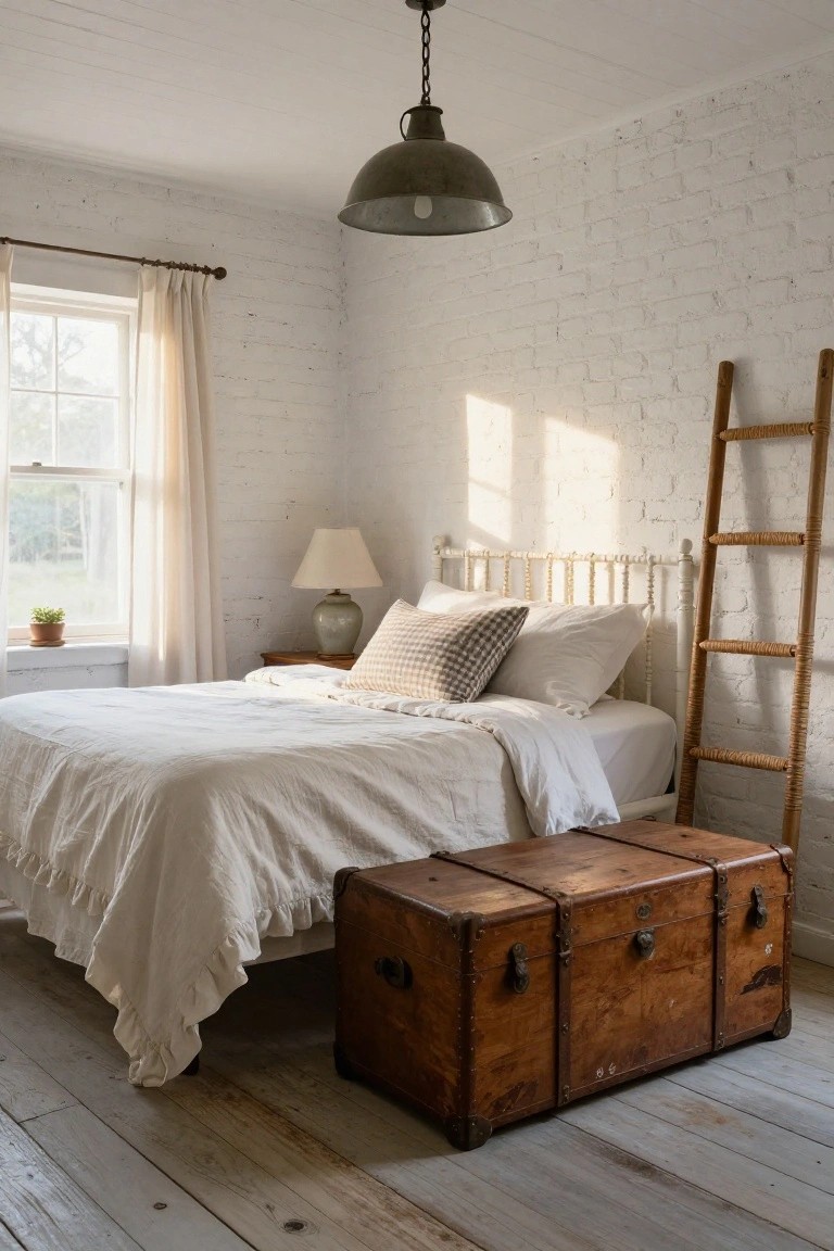 Bedroom with whitewashed exposed brick walls, white metal bed frame dressed in white linens and pillows, rattan ladder leaning nearby, wooden trunk at bed foot, pendant light overhead, table lamp, and window with sheer curtains.