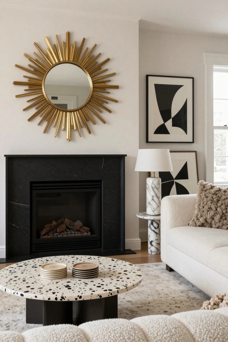 Living room with black marble fireplace, gold sunburst mirror above mantel, abstract black and white artworks on walls, white lamp on marble side table next to creamy boucle sofa, and round speckled coffee table on wood floors.