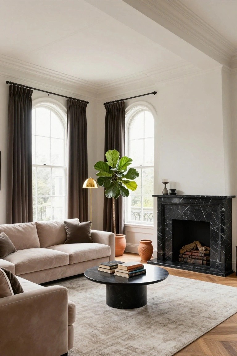 Living room corner with black marble fireplace, curved beige sofa, black round coffee table with stacked books, large potted fiddle leaf fig, arched windows draped in dark curtains, and herringbone parquet floor.