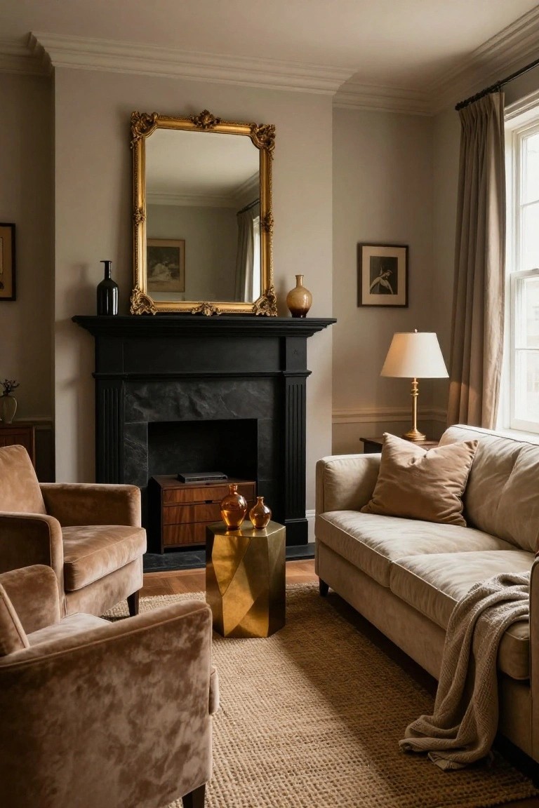 Living room with tall black marble fireplace, ornate gold mirror above mantel, two tan velvet armchairs, cream sofa with pillows and throw, geometric brass side table, wood cabinets, seagrass rug, and large window with drapes.