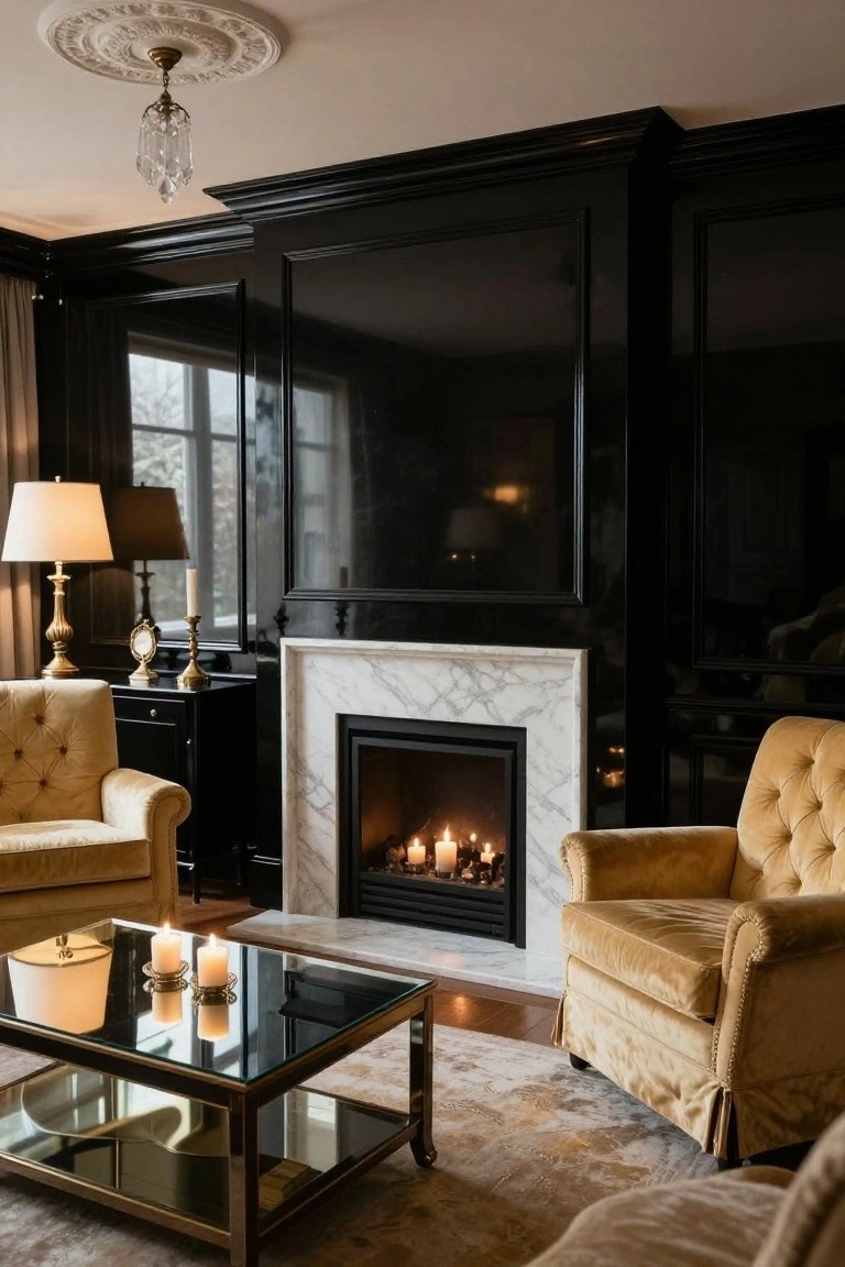Living room featuring black lacquered paneled walls, a marble fireplace with gas flames and candles, gold lamps and candlesticks, cream velvet armchairs, and a glass-topped brass coffee table with candles.