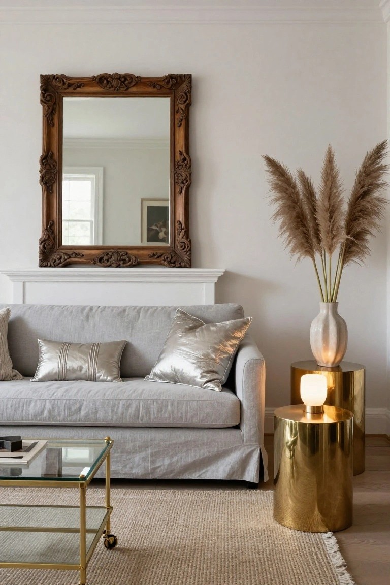 A cozy living room with a gray slipcovered sofa accented by metallic pillows, flanked by two tall gold brass drum tables one holding a white lamp, a tall vase of pampas grass on one table, an ornate wooden mirror above a white fireplace mantel, and a glass-topped brass coffee table on wheels on a seagrass rug.