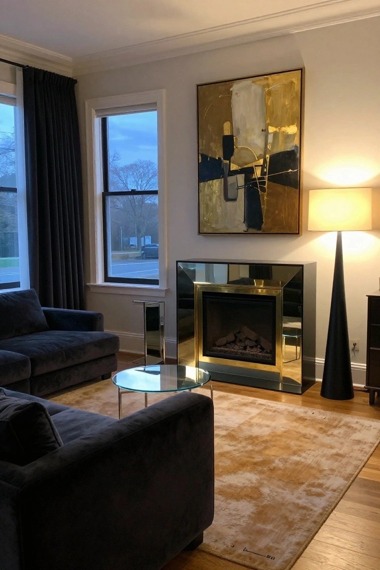 Living room with navy velvet L-shaped sofa, glass coffee table on beige rug, tall brass and mirrored fireplace with lit gas logs, abstract gold and black painting on wall, tall white lamp, and windows showing dusk view.