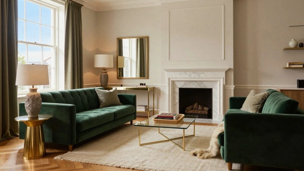 19 Cozy Glam Living Room Ideas That Shine Living room with marble fireplace, tall floor lamp on gold pedestal table beside it, green velvet tufted sofa with pillows and fur throw, brass-framed glass coffee table holding stacked books, beige drapes on tall windows, hardwood floors at dusk.