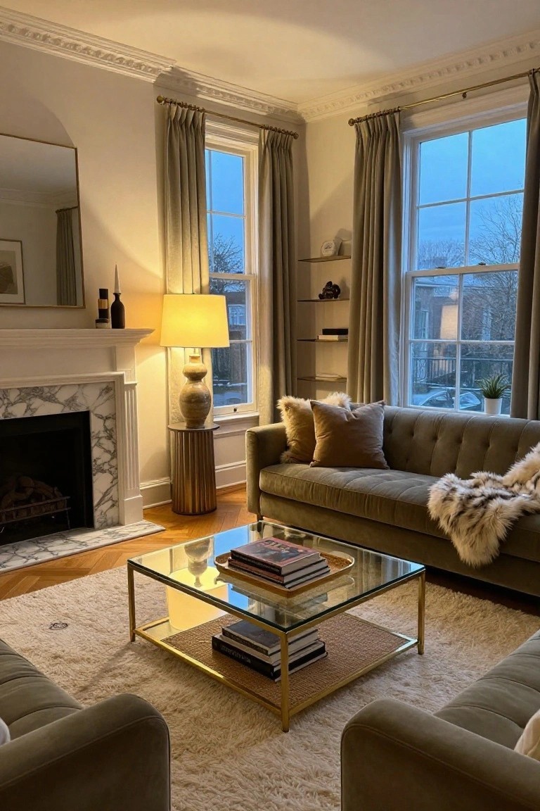 Living room with marble fireplace, tall floor lamp on gold pedestal table beside it, green velvet tufted sofa with pillows and fur throw, brass-framed glass coffee table holding stacked books, beige drapes on tall windows, hardwood floors at dusk.
