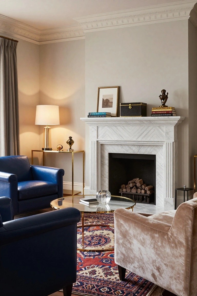 Living room interior with white herringbone marble fireplace, blue leather armchair, blush velvet armchair, brass side table and lamp, glass coffee table, and red Persian rug.