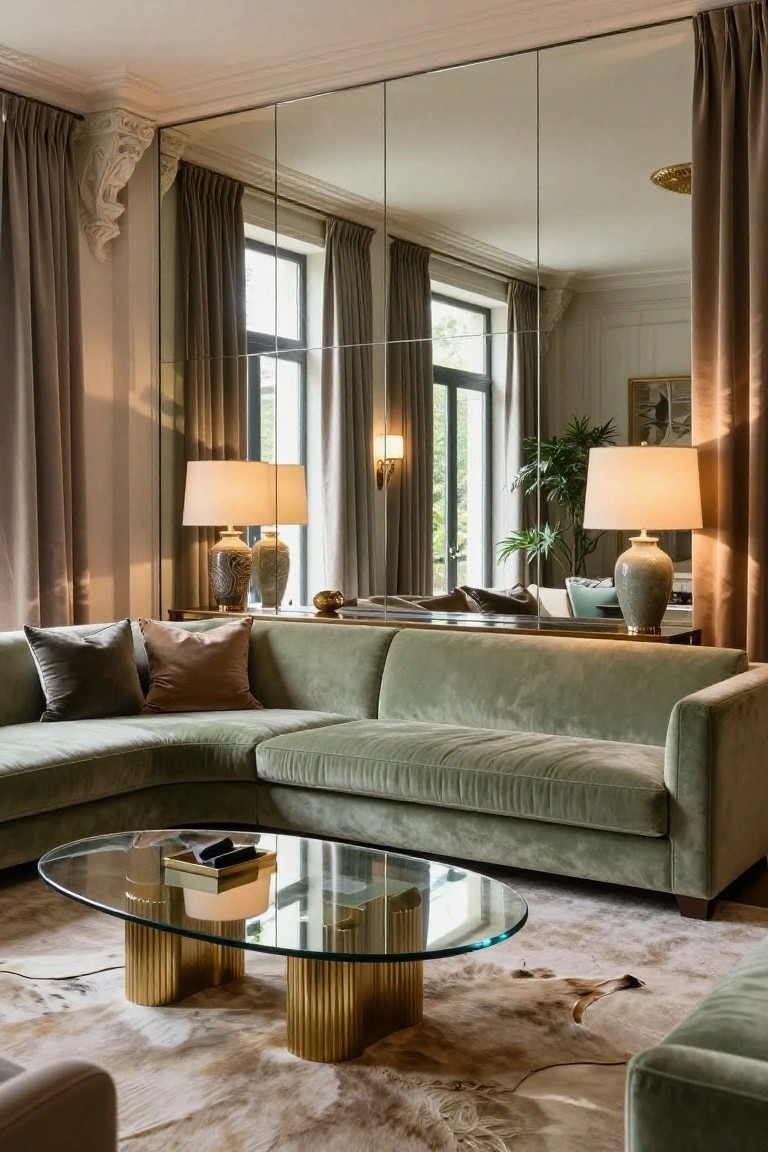 Living room with L-shaped green velvet sofa, oval glass-top coffee table on tall fluted brass legs, large multi-panel mirrored wall opposite windows and French doors, beige drapery, ceramic lamps, and potted plant.