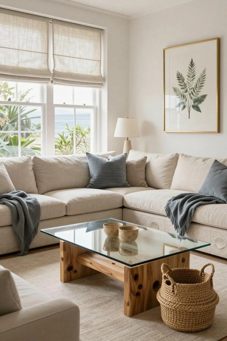 A light beige L-shaped sofa with blue pillows and throw blanket in a white-walled living room, glass coffee table on knotted wooden legs, seagrass basket, linen Roman shades on large windows showing ocean view, and gold-framed green fern artwork on wall.
