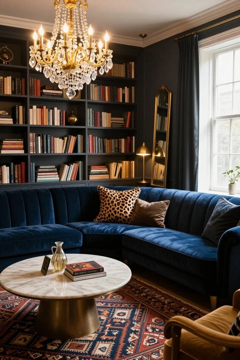 Navy Velvet Sectional for Cozy Library Lounging