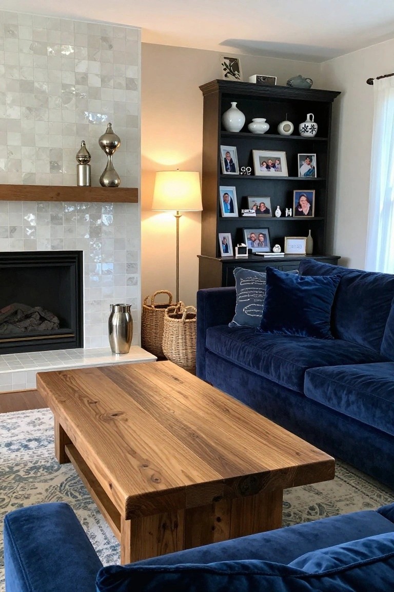 Living room with navy blue velvet L-shaped sectional sofa and ottoman, rectangular wooden coffee table with live-edge top, white subway tile fireplace with wood mantel and lit gas logs, dark wood bookshelves displaying ceramics and framed photos, tall floor lamp, wicker baskets, and patterned area rug.