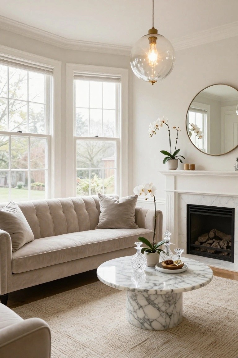 A light living room with a beige tufted sofa, round white veined marble pedestal coffee table holding glass decanters and orchids, white fireplace, large bay windows, and potted orchids.