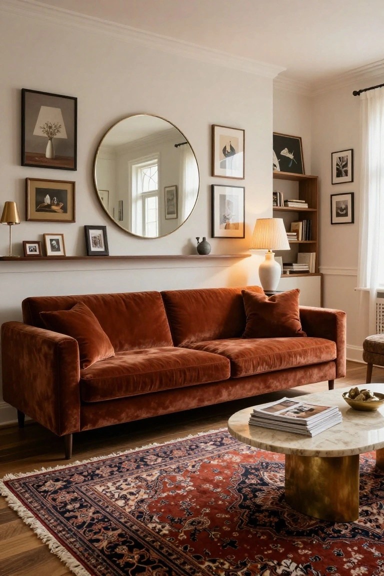 Living room with rust-colored velvet sofa, marble-topped brass coffee table on red Persian rug, large round brass mirror, art on walls and shelves, and two lamps.