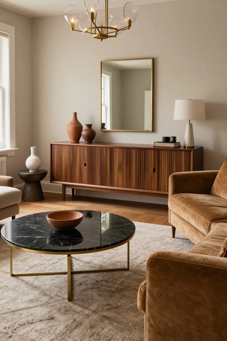 Cozy living room with beige walls, wooden slatted-door credenza holding ceramic vases, mustard velvet sofa, black marble coffee table on gold base, gold-framed mirror, and glass chandelier.