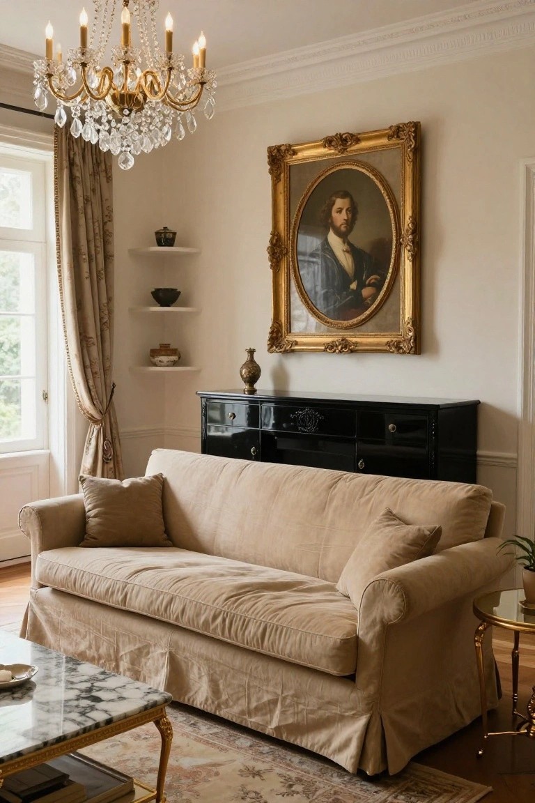 A living room with beige slipcovered sofa, black lacquered dresser, gold oval-framed portrait of a man, crystal chandelier, marble coffee table, shelves with ceramics, and tall windows with cream drapes.