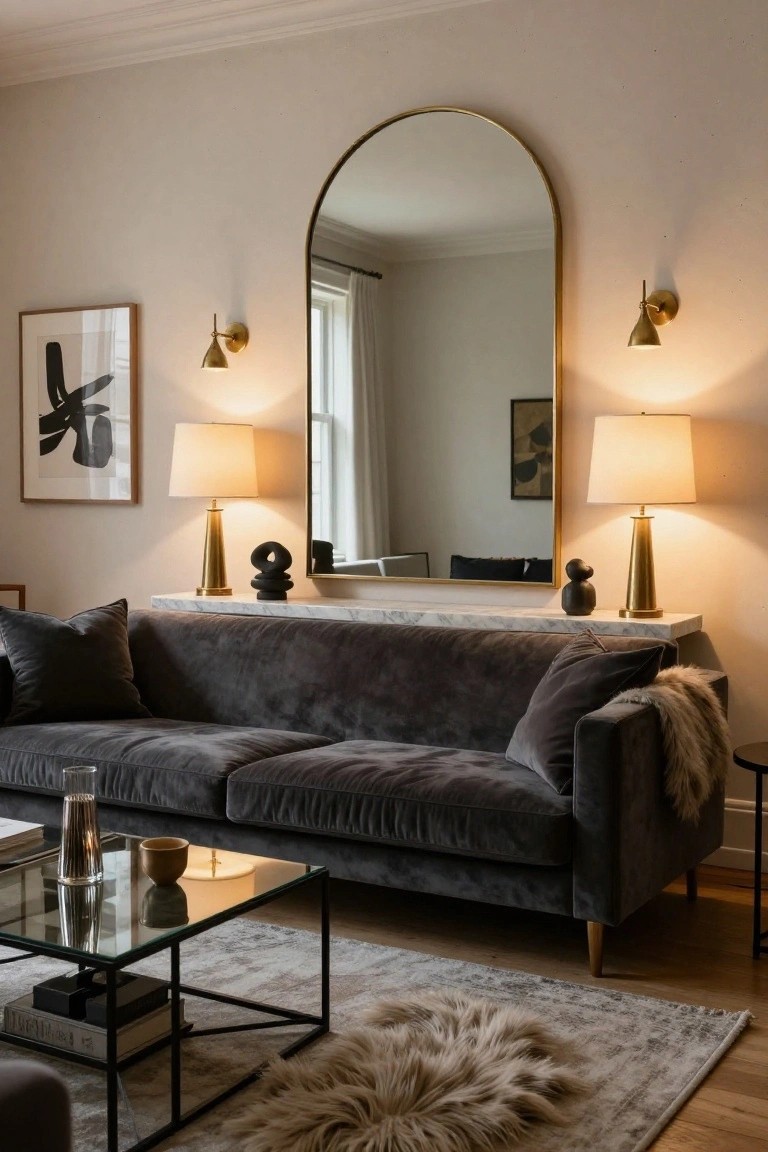 Living room with dark gray velvet sofa, glass coffee table on gray rug, marble console under large gold arched mirror flanked by gold lamps and black sculptures, neutral walls, wood floor.