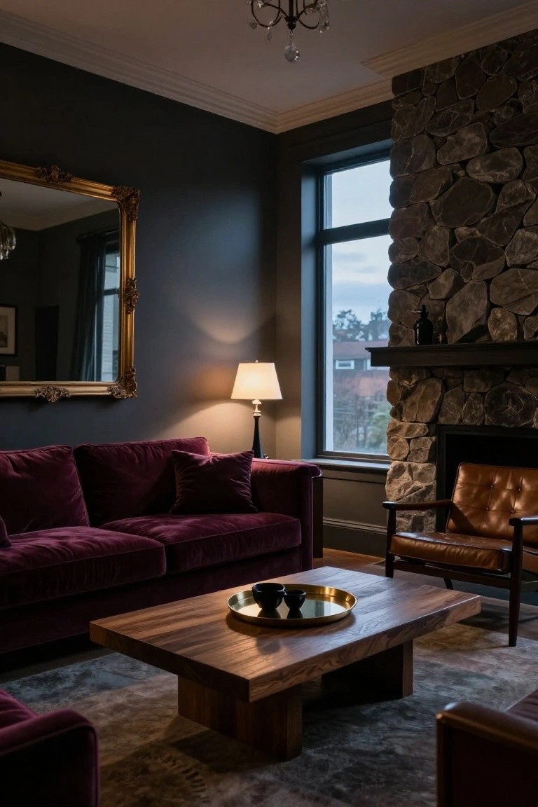 A living room with deep purple velvet sofa, brown leather armchair, wooden coffee table with gold tray, stone wall fireplace, gold-framed mirror, table lamp, and large window.