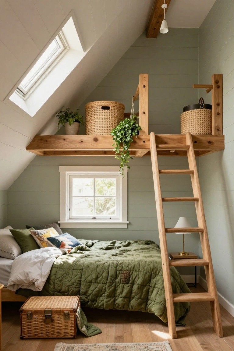 Sage green attic bedroom with wooden loft platform and fixed ladder for storage, wicker baskets, green quilt on bed, plants, skylight, and side window.