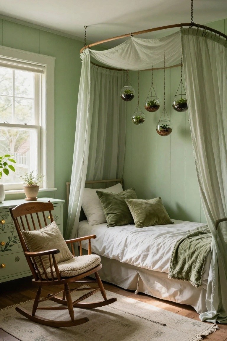 Pale green shiplap-walled bedroom featuring a twin bed under a brass hoop canopy with white draped fabric, hanging glass terrariums containing succulents, green velvet pillows, a wooden rocking chair with cushion, and a painted dresser.