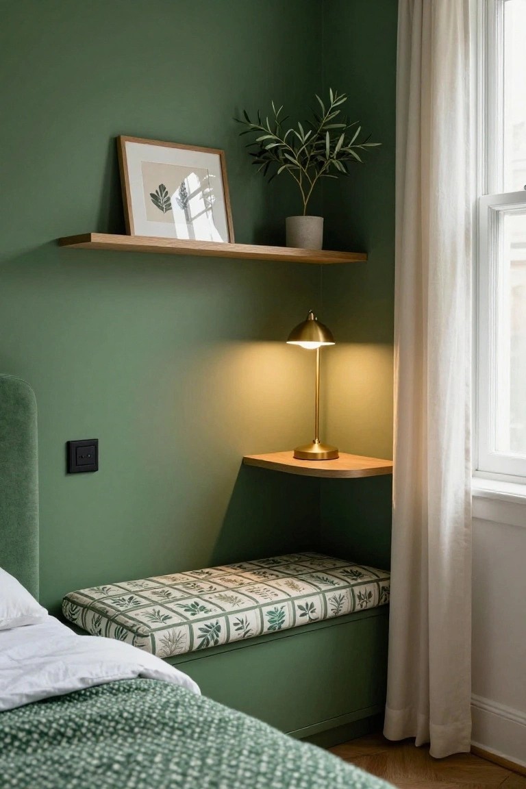 Corner of a green bedroom with a built-in upholstered bench under a window, gold lamp on a wooden shelf, potted olive plant, framed leaf artwork on a floating shelf, and sheer white curtain.