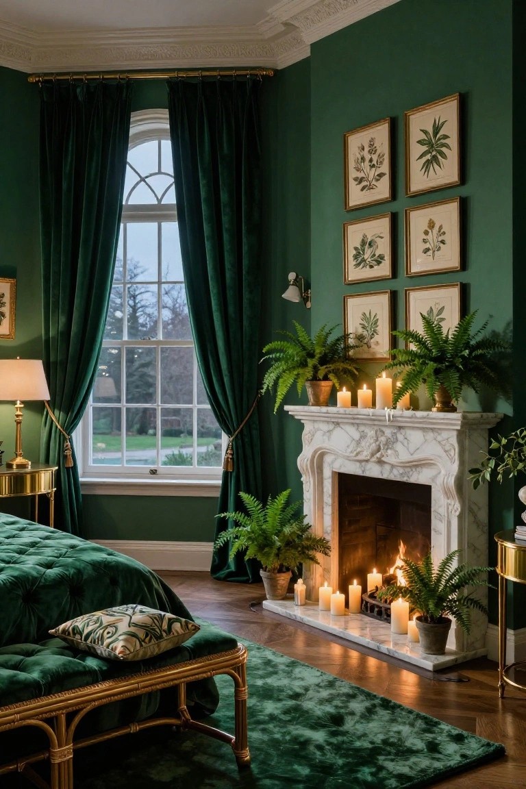Emerald green bedroom with velvet tufted bed and bench, heavy green velvet curtains on arched window, white marble fireplace with ferns and candles on mantel, botanical prints on walls, and gold side tables.