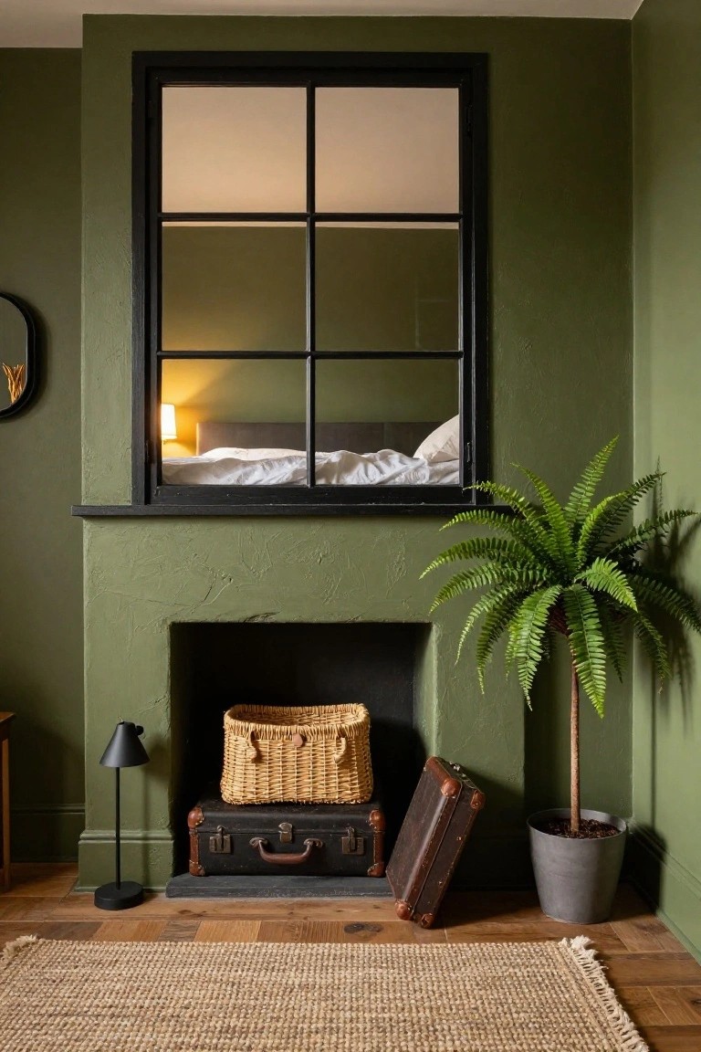 Corner of a green-painted room with a large black-framed six-pane mirror reflecting a white bed and lamp, beside an empty fireplace holding a woven basket and vintage suitcases, a potted fern plant, black table lamp, and seagrass rug on wood floor.