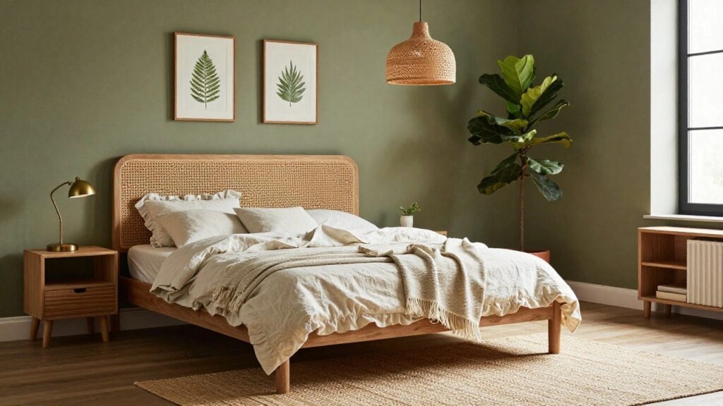 19 Cozy Green Bedroom Ideas for a Nature-Inspired Feel Bedroom corner with sage green walls, rattan headboard bed dressed in white linens and throw, potted fiddle leaf fig plant, wooden nightstand with brass lamp, pendant light, framed leaf print, window with blinds, and seagrass rug on wood floor.