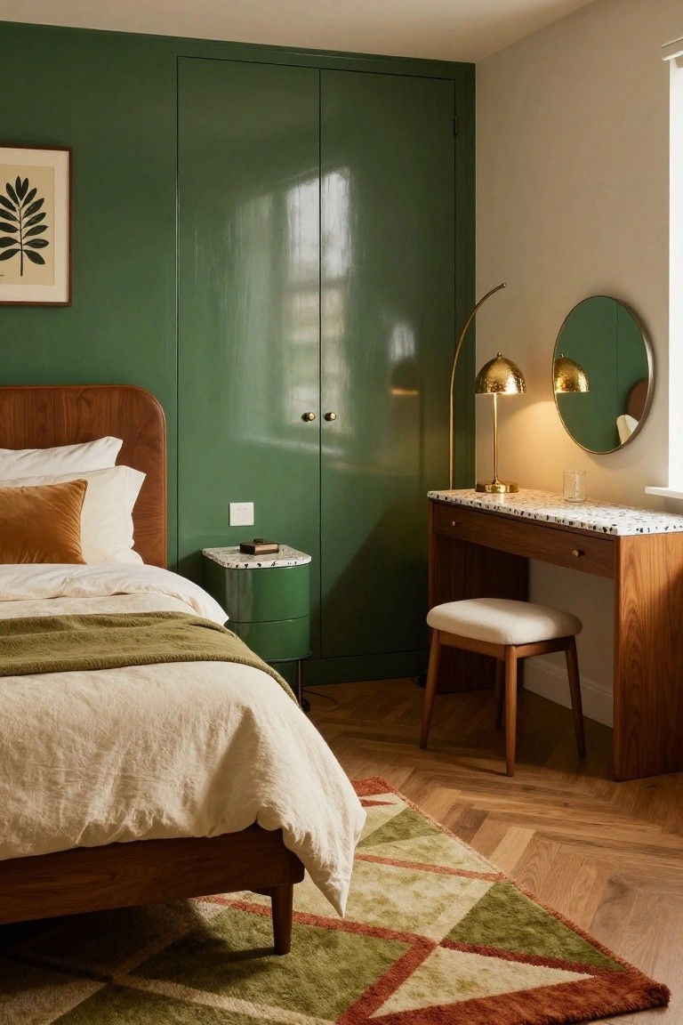 Bedroom with glossy deep green walls and double doors wardrobe, wooden bed frame with white linens and orange pillows, green side table, wood desk with white stool, gold arched lamp, round mirror, and colorful geometric rug on herringbone parquet floor.