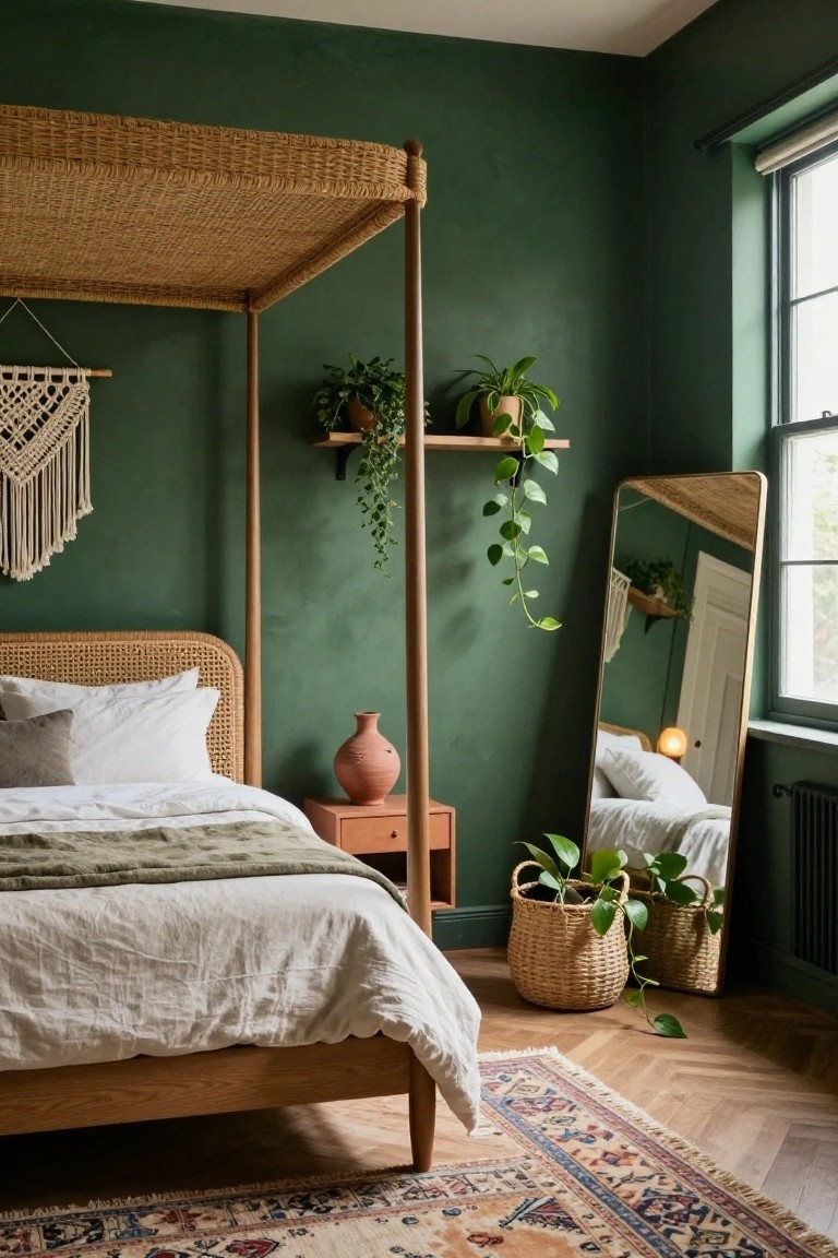 Bedroom with deep green walls, tall rattan canopy bed with white and green linens, potted plants on shelves and in baskets, macrame wall hanging, full-length rattan mirror, wood nightstand, and patterned rug on herringbone floor.