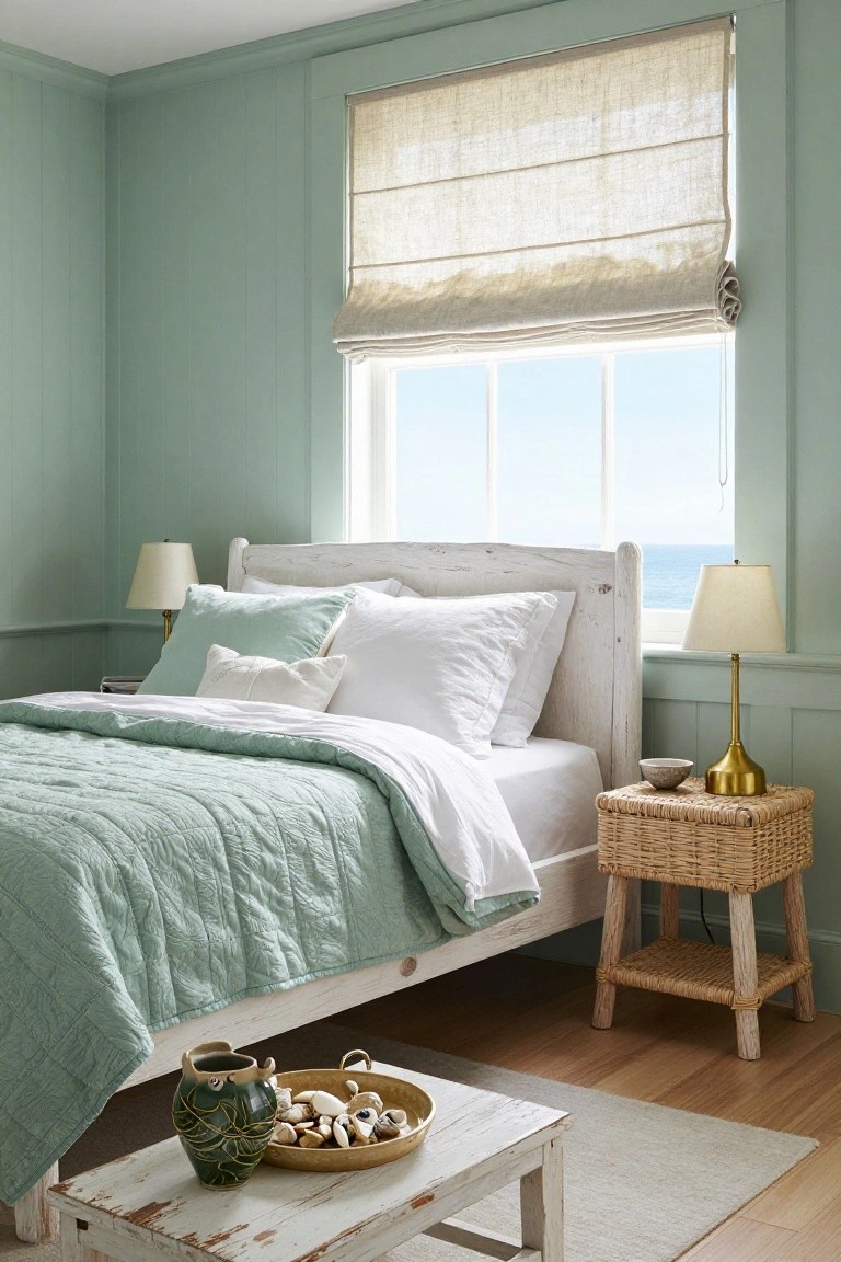 Bedroom interior with pale green beadboard walls, white wood bed dressed in green quilted bedding and white pillows, wicker nightstand with lamp, small table with vase and shells, linen roman shade on window overlooking ocean.