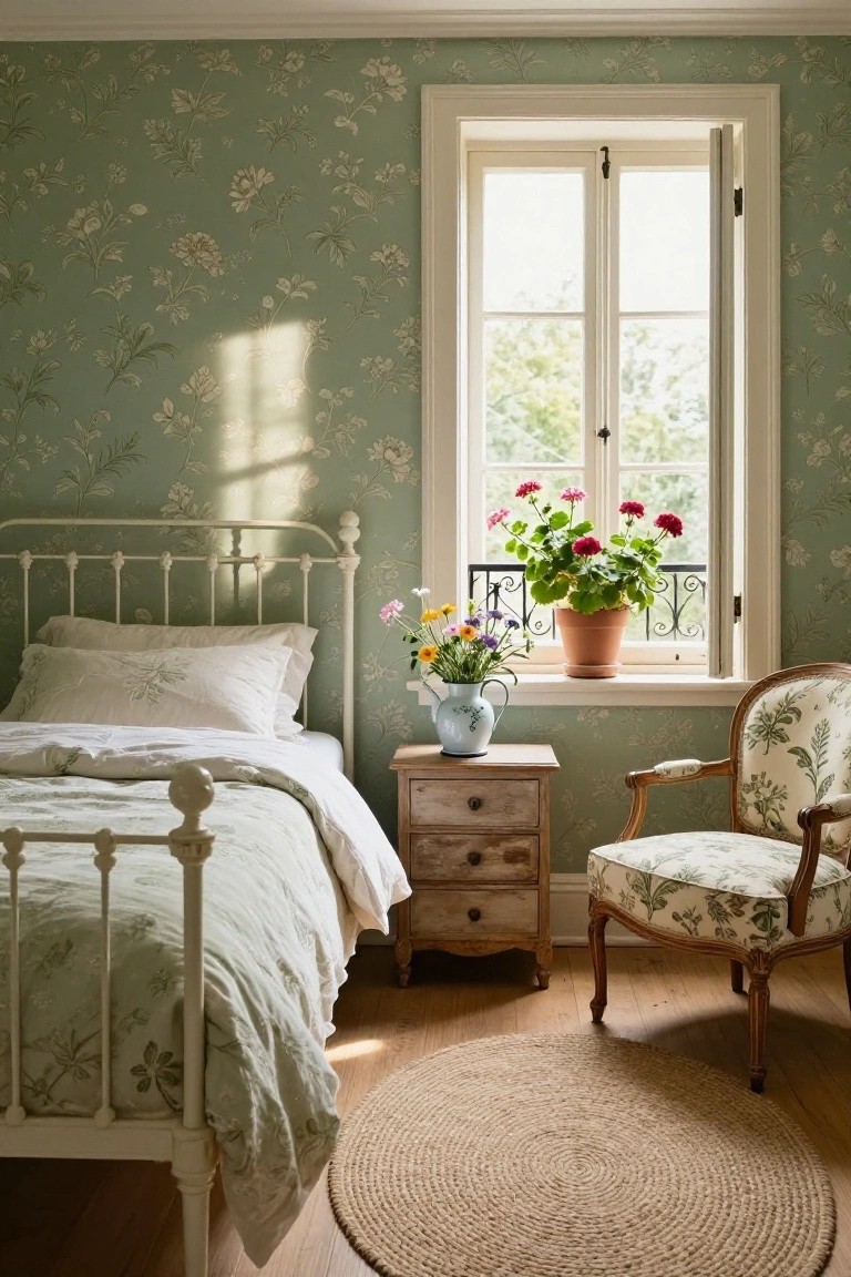 Cozy bedroom with floral wallpaper, iron bed, wooden nightstand, and potted plants.