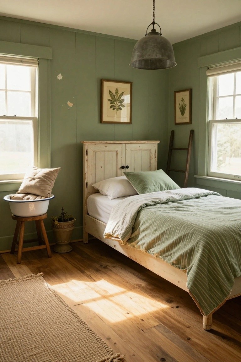 Bedroom with sage green vertical paneled walls, antique white wooden bed frame with green striped duvet and white pillows, wooden stool with white basin and beige pillow beside it, leaning wooden ladder, two framed plant prints, jute rug on wooden floors, and natural light from two windows.