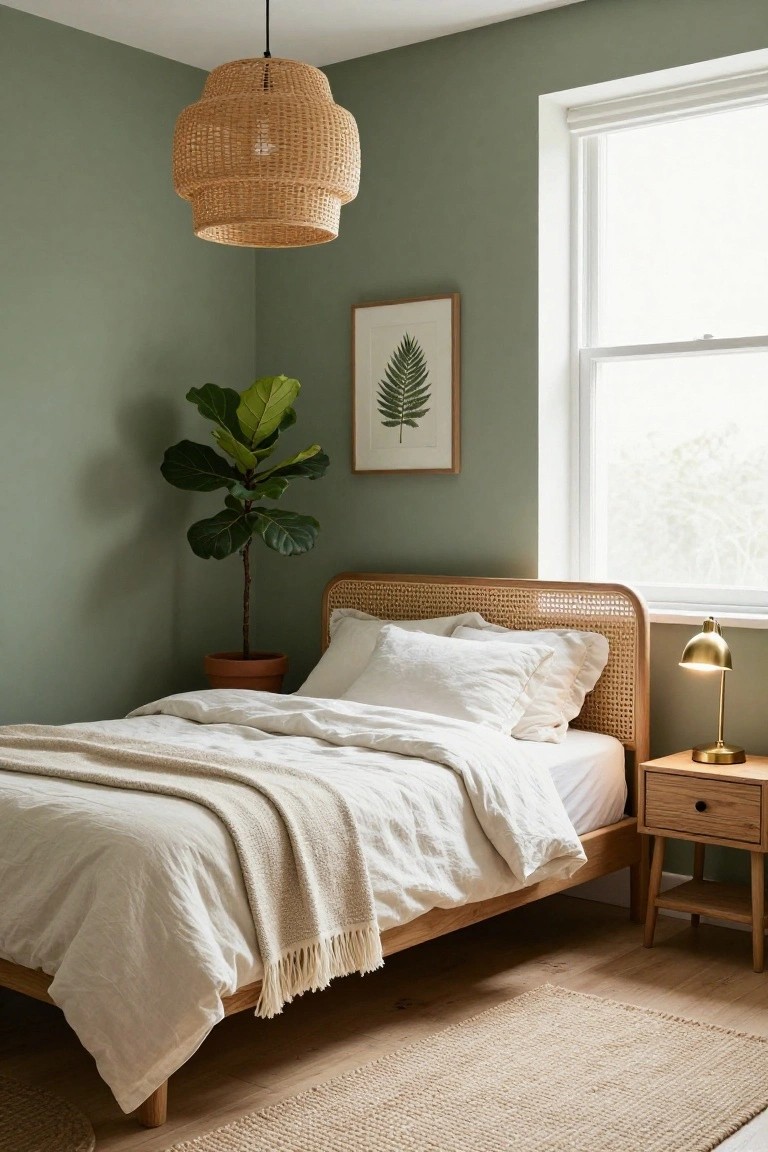Bedroom corner with sage green walls, rattan headboard bed dressed in white linens and throw, potted fiddle leaf fig plant, wooden nightstand with brass lamp, pendant light, framed leaf print, window with blinds, and seagrass rug on wood floor.