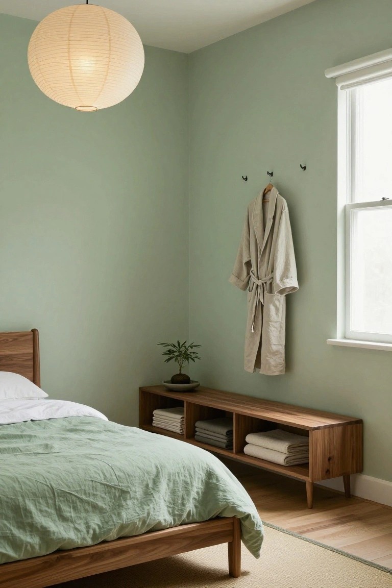 Corner of a bedroom with pale green walls, wooden platform bed draped in green linen bedding, wooden bench holding folded linens and towels, small potted plant, beige linen robe hanging on wall hooks, large white paper lantern overhead, and window with white blinds.