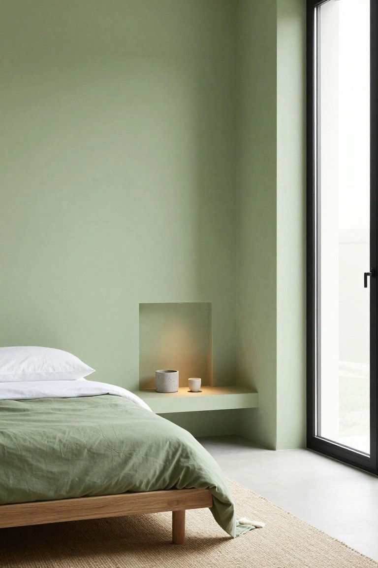 Corner of a minimalist bedroom with pale sage green walls, low oak bed frame with white pillows and green linen duvet, recessed niche shelf with concrete vase lamp and candle on wood shelf, black-framed glass sliding door, seagrass rug on polished concrete floor.